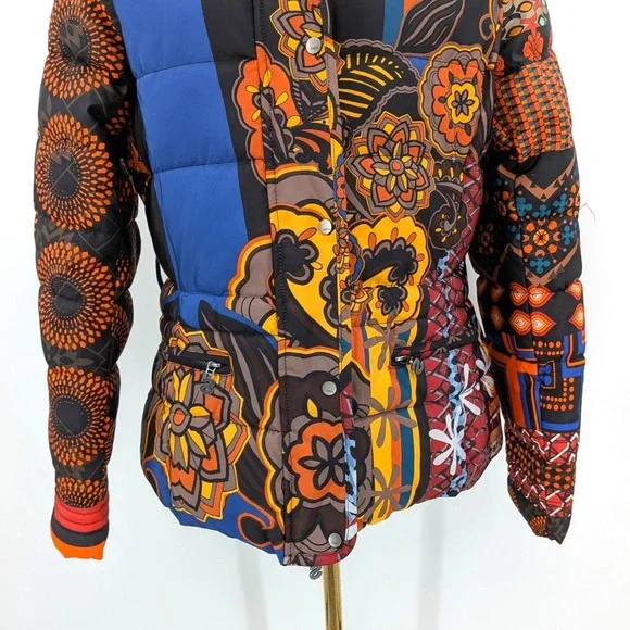 Desigual Puffer Jacket Women's 40 Multicolor Patchwork Print Statement - Picture 7 of 13